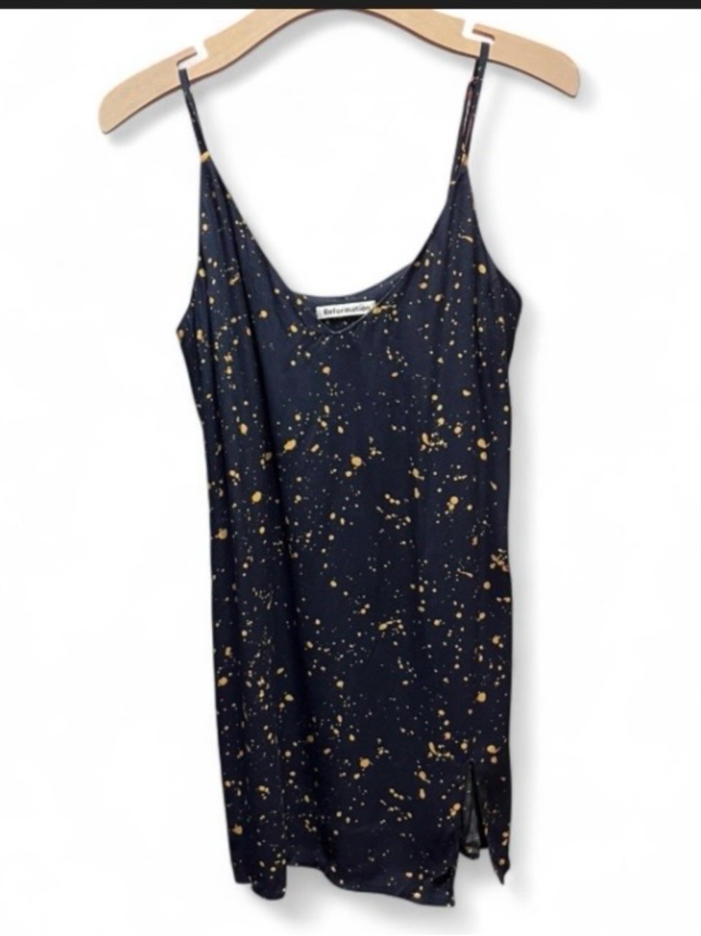 Reformation Black Mini Slip Dress with Gold Splatter